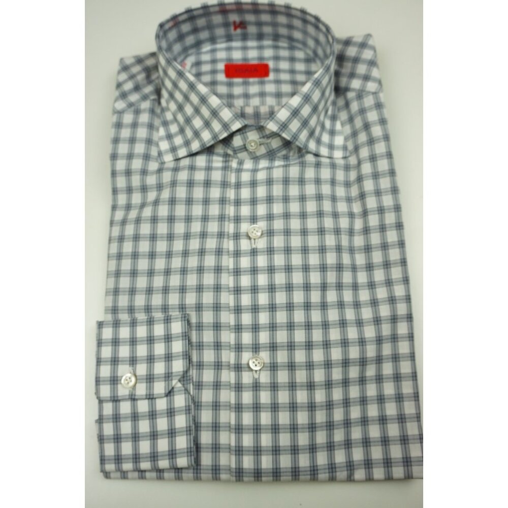 Isaia Steel Blue White Plaid Long Sleeve Cotton Dress Shirt 15.5/39 NEW